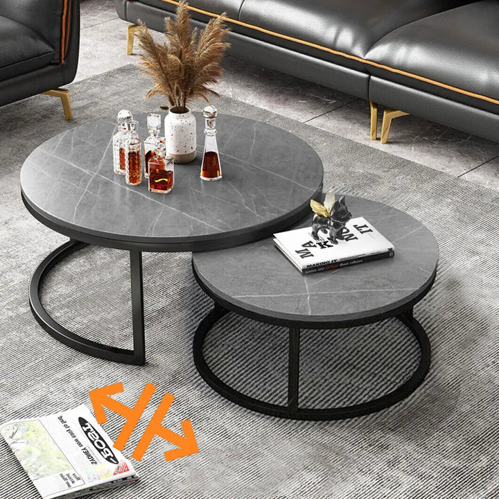 Modern Nesting Round Grey Marble Top Coffee Table Set Sintered Stone Table Metal Legs Home Furniture