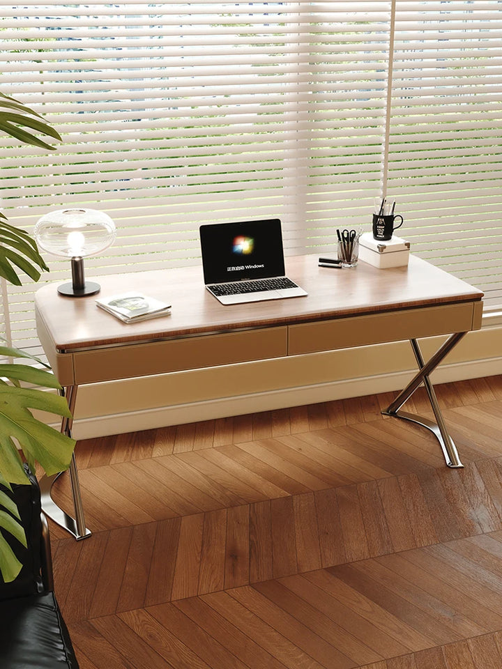 Saddle Leather Office Desk Luxury Modern Simple Bedroom Solid Wood Home Study Computer Desk Mesa Office Furniture KMOD