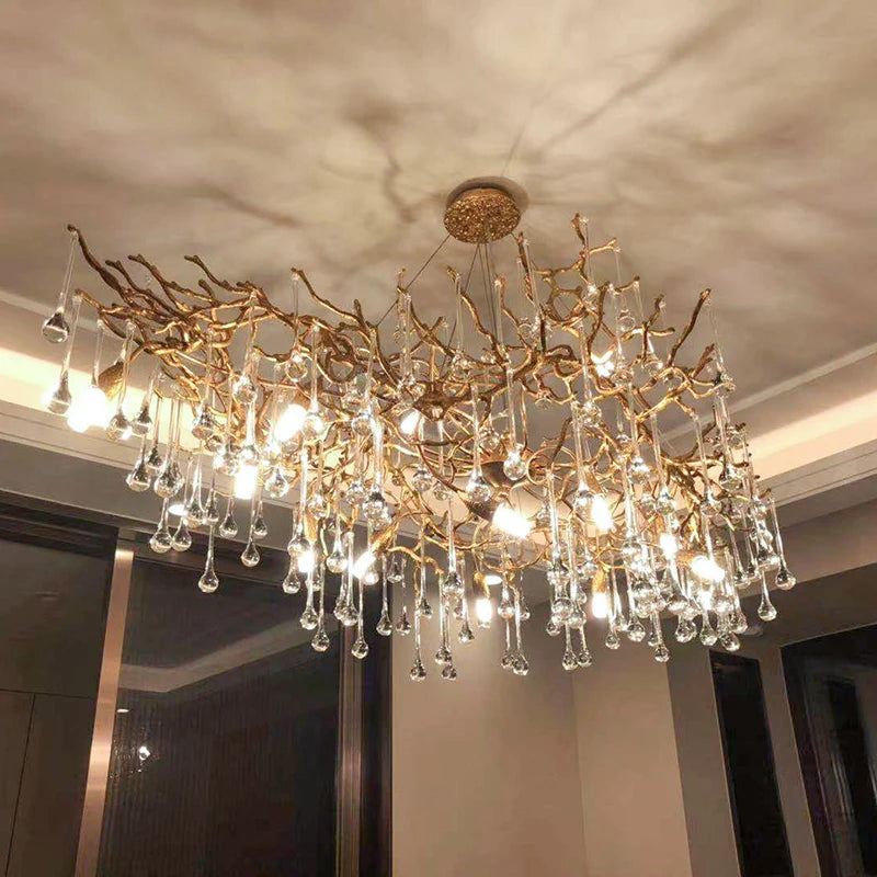 Modern Full Copper LED Branch Crystal Chandeliers Luxury Water Drops Ceiling Pendant Hanging Lighting Living Dining Room Lustre