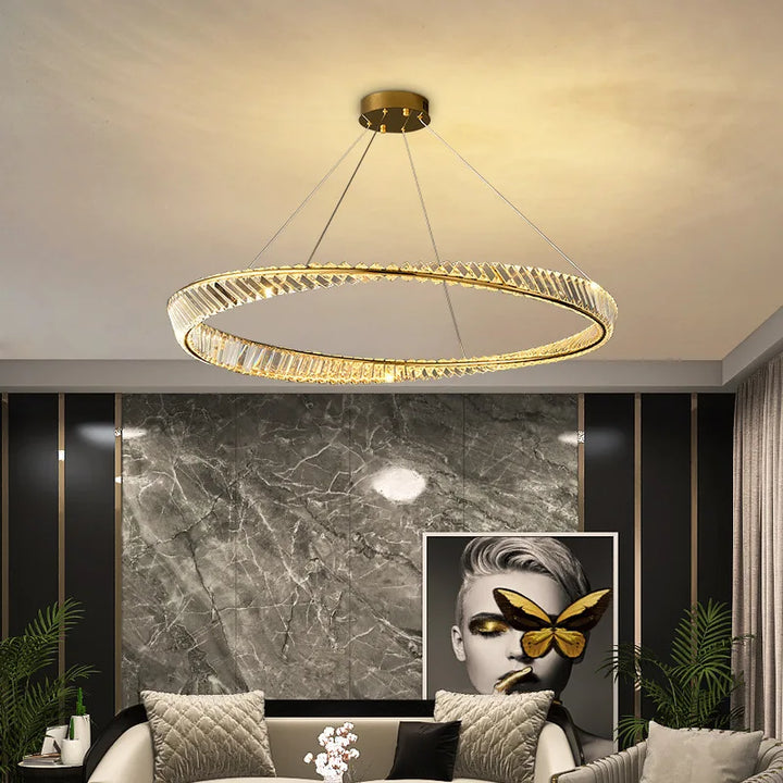 Modern LED K9 Crystal Chandelier Irregular Ring Plated Steel Pendant Light Home Decor Fixtures Ceiling Lamps