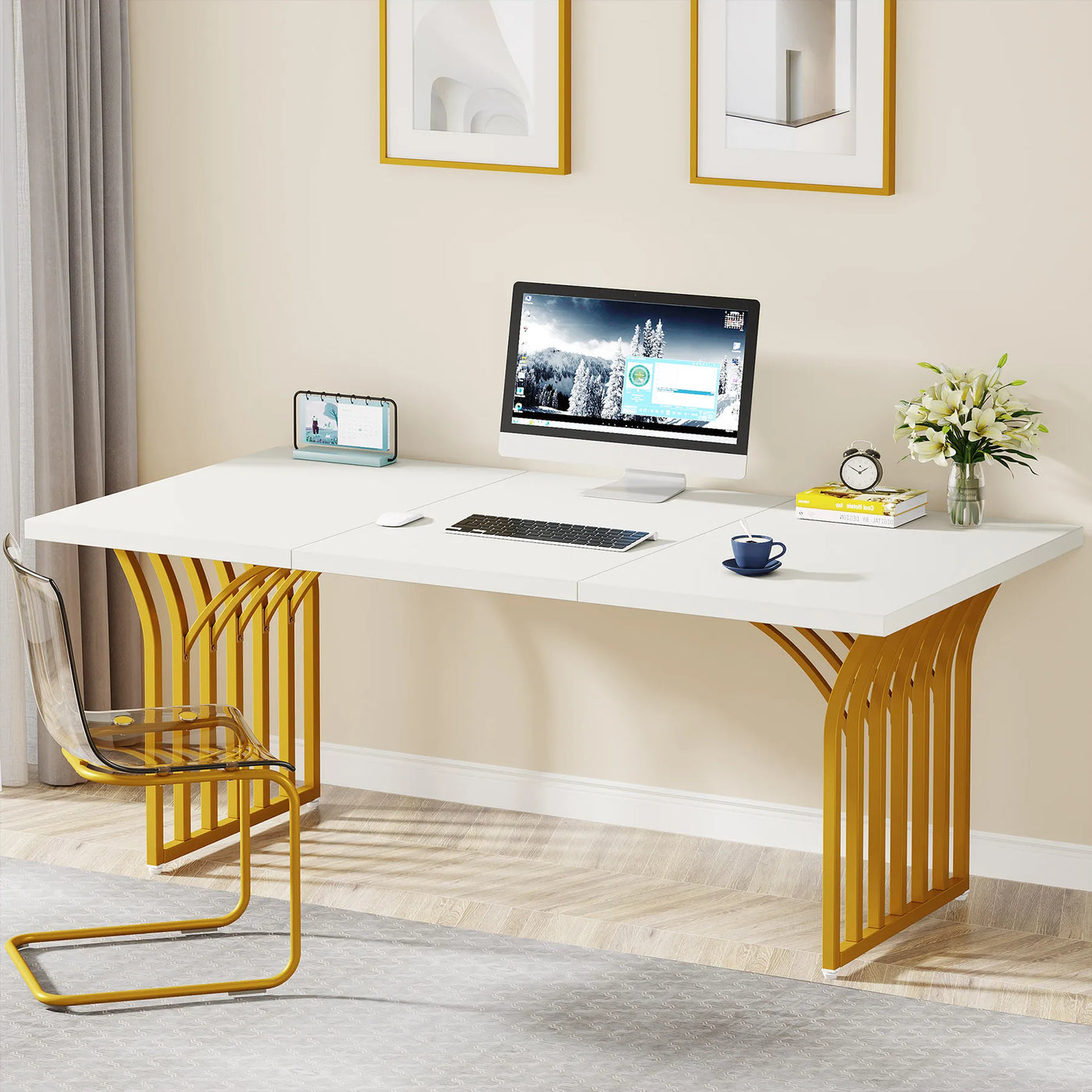 Tribesigns 63" White Office Desk, Modern Executive Desk Large Computer Desk with Gold Metal Frame, Wood Writing Desk Workstation