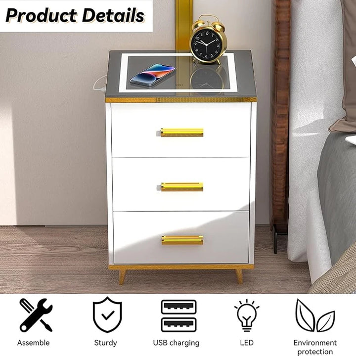 Nightstands With Socket USB Smart Touch LED Bedside Table Living Room Lighting White Bedside Table Cabinet Table 3 Drawers