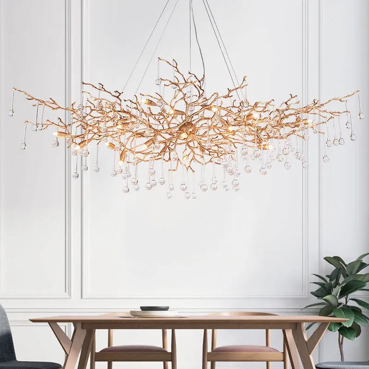 Modern Full Copper LED Branch Crystal Chandeliers Luxury Water Drops Ceiling Pendant Hanging Lighting Living Dining Room Lustre