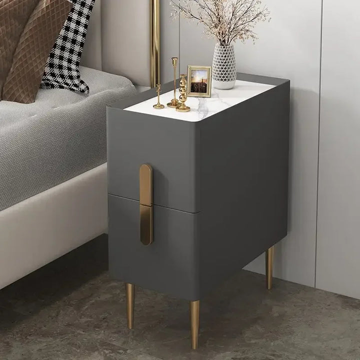 Nordic Style  Bedside Table Modern Mini Narrow Rock Surface Nightstand Self-Contained 2 Drawers Wooden Bedroom Tables