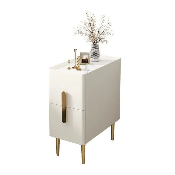 Nordic Style  Bedside Table Modern Mini Narrow Rock Surface Nightstand Self-Contained 2 Drawers Wooden Bedroom Tables