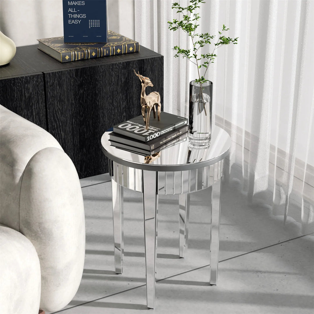 Round Silver Mirrored Accent Table - 2-Tier  with Storage