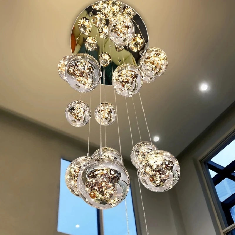 Nordic LED Spiral Staircase Chandeliers Lighting Living Dining Room Villa Hotel Decor Hanging Pendant Lamp Glass Ball Suspension