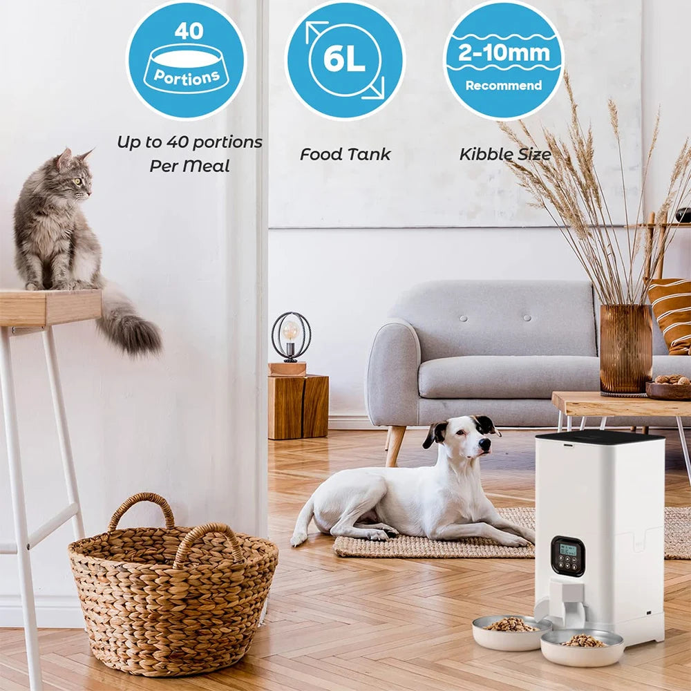 6L WiFi APP Control Automatic Cat Feeder Pet Kibble Dispenser For Dogs Double Meal Stainless Steel Bowl Smart Pet Food Bowl