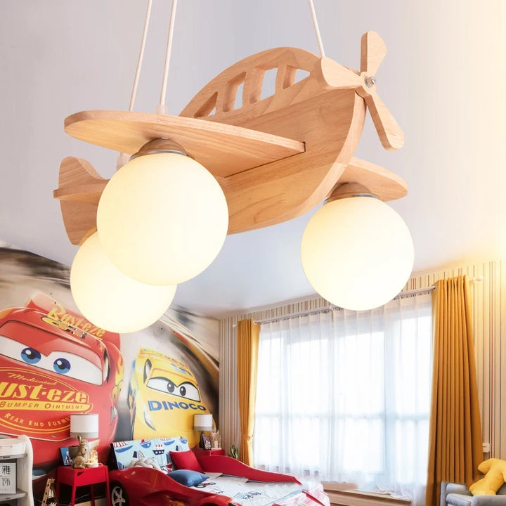 Modern LED Children Chandeliers Wooden Handmade Aircraft Hanging Pendant Lights Bedroom Boys Girls Room Decor Suspension Lamps