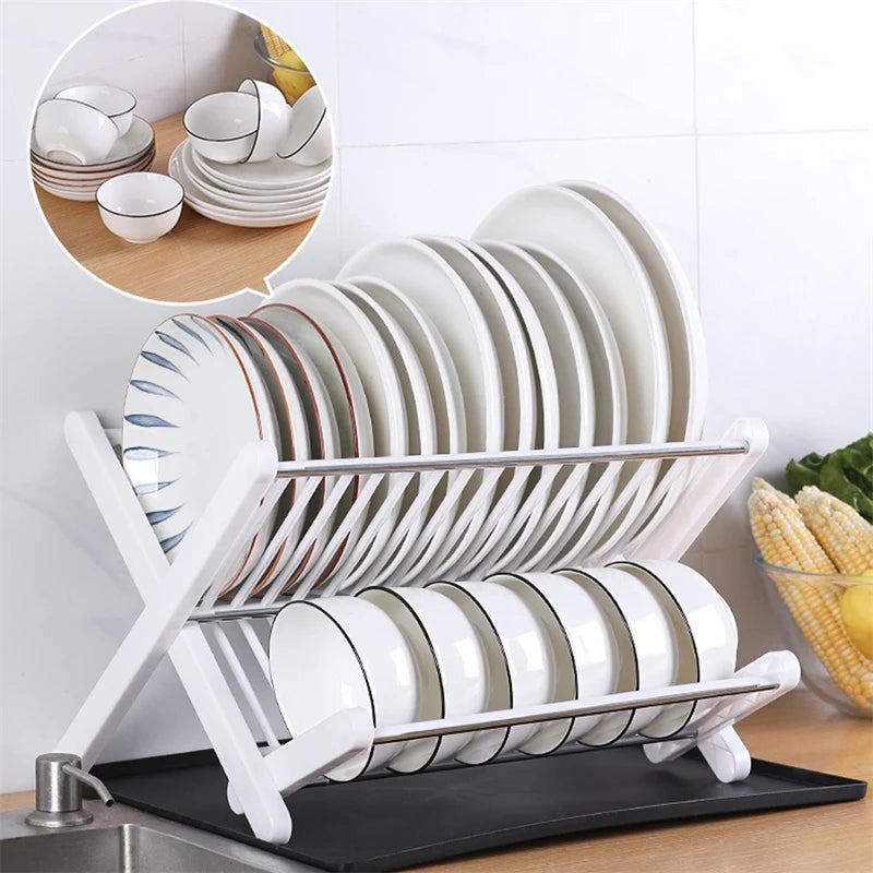 Dish Drying Rack Plates Pan Fold Double Layer Shelf Plastic Kitchen Organizer Holder Dish Rack Sink Draining Bowl Storage Stand