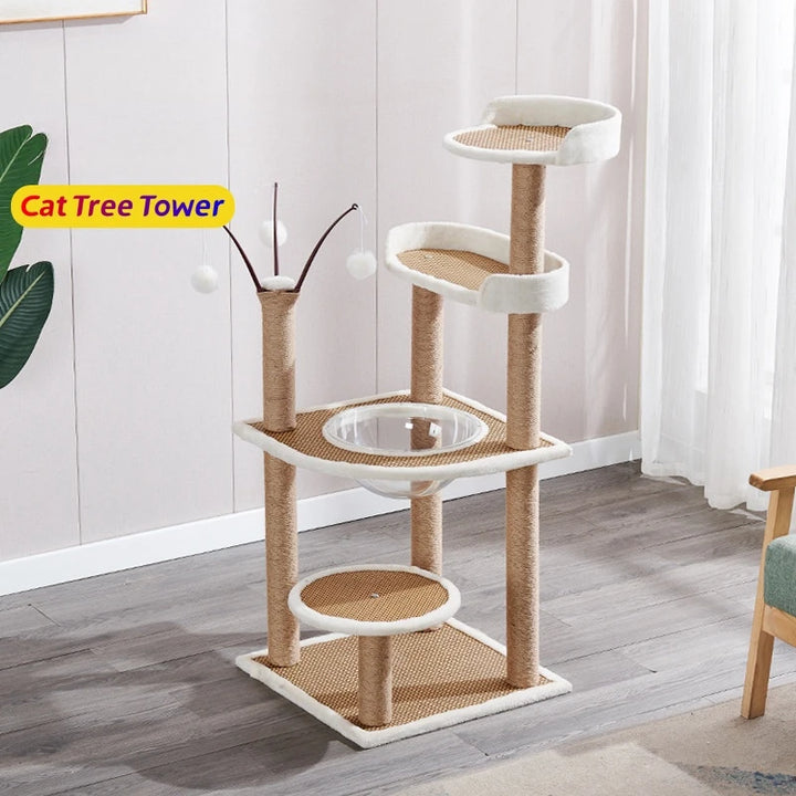 4 Layer Wooden Cat Tree House Space Capsule Cat Bed Rattan Mat Cat Tower With Sisal Rope Cat Scratching Posts Pet Cats Condos