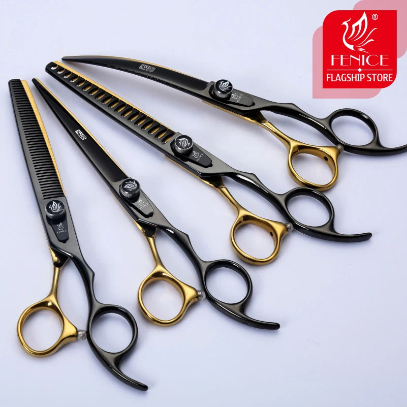 Fenice Pet Professional Dog Grooming Scissors Cutting Curved Thinning Shear Set Japan 440C Scissor Kit for Animal Beauticians