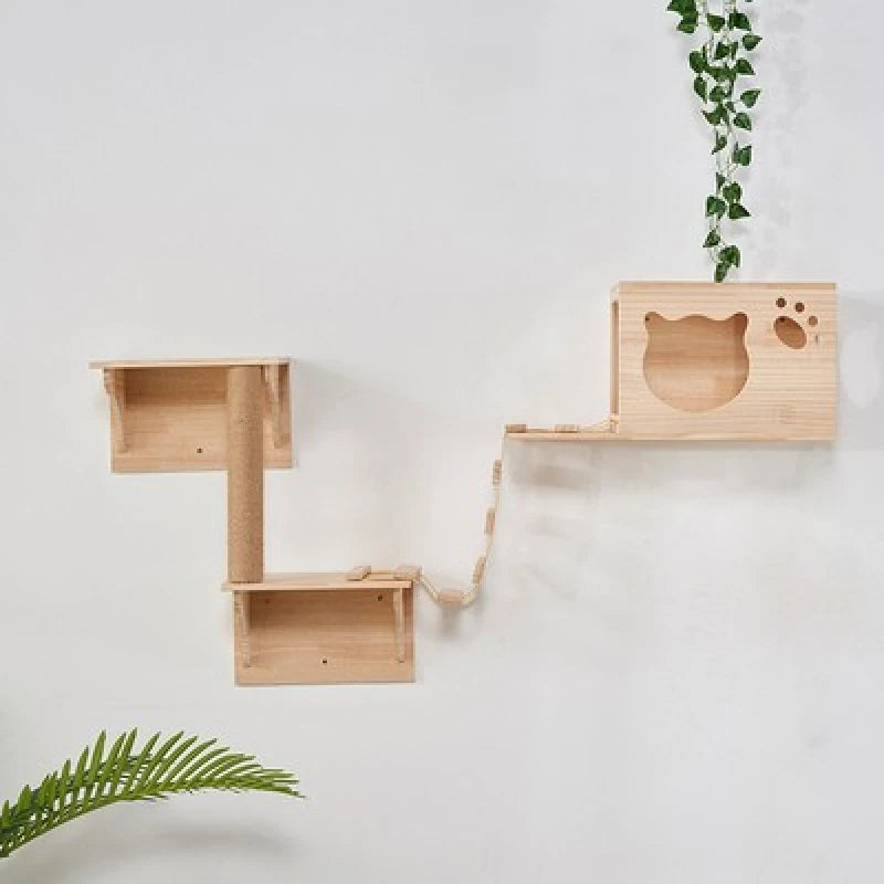 Hang On The Wall Cat House Condos Soild Wood Cat Bed Cat Tree Tower Wall-mounted Pet Nest With Sisal Rope Cat Scratching Posts