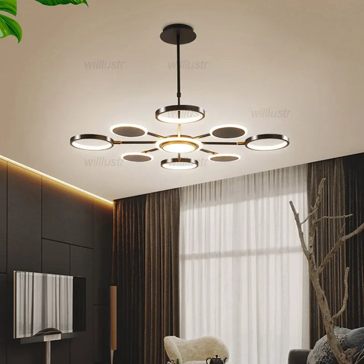 Iron Acrylic Molecular Pendant Lamp Metal Ring Suspension Light Hotel Cafe Bar Dimmable LED Hanging Ceiling Chandelier