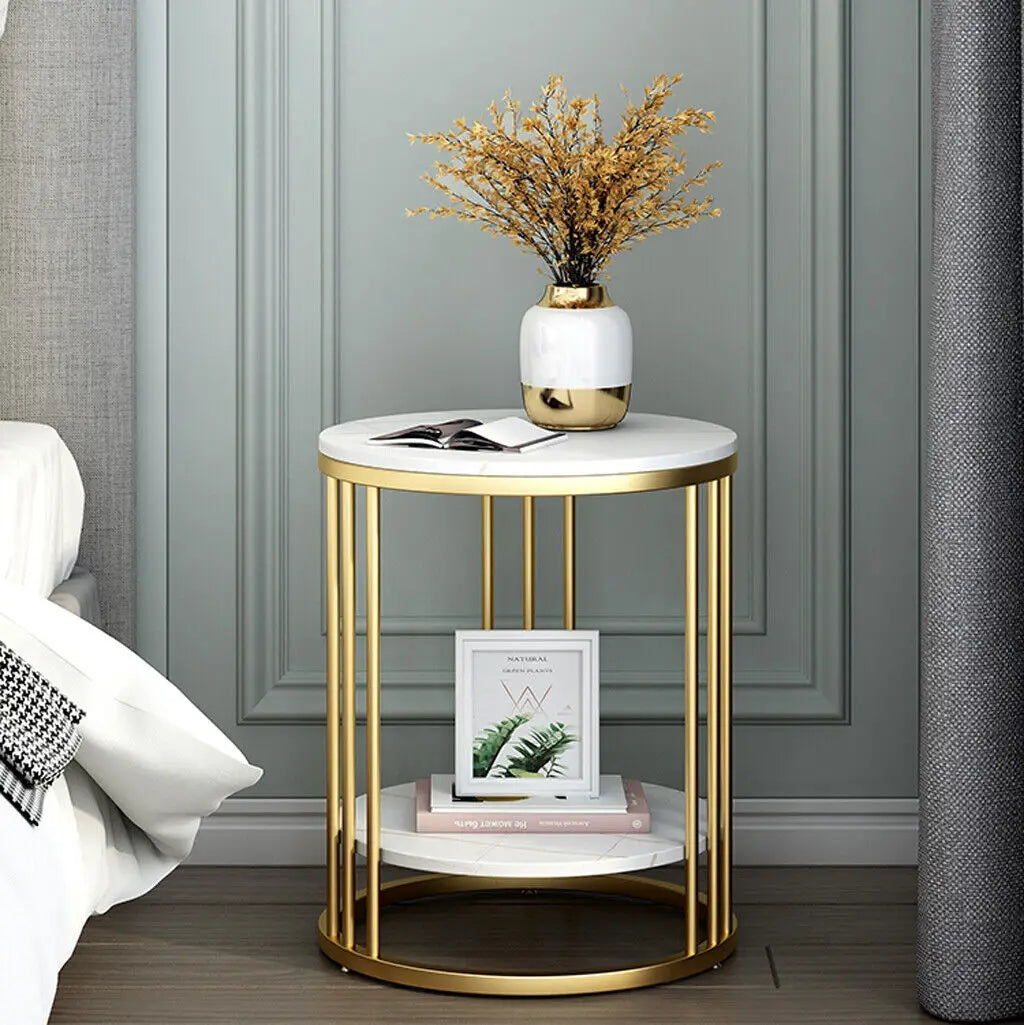 Modern  Moroccan Minimalist Round Marble Gold Accent Table / Coffee Table / Nightstand - 2 Tiers Storage