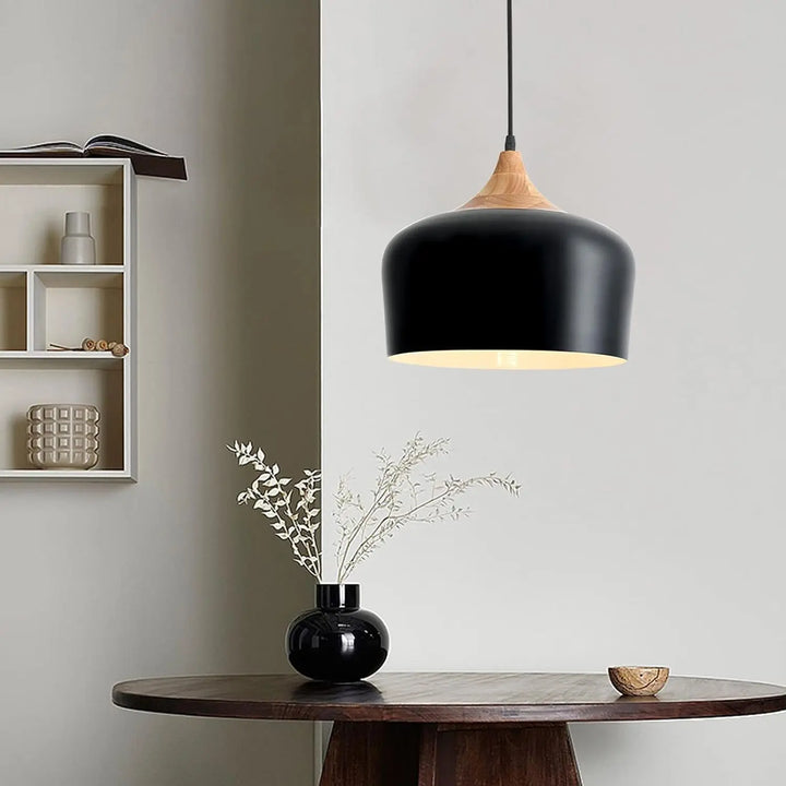 Industrial Pendant Light, Adjustable Wood Ceiling Hanging Lighting with Dome Black Metal Shade，Farmhouse Minimalist Lamp