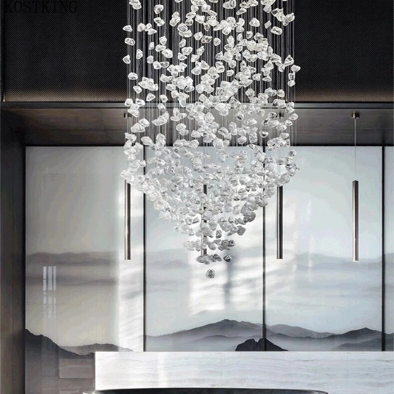 Modern Crystal Glass Chandelier Staircase Luxury Stone Chandeliers Lighting Home Decor Cristal Pendant Suspension Lamps