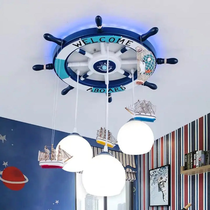 Modern Led Chandelier Light Children's Gaming Room Bedroom Study Kids Blue Cartoon Pirate Boat Ceiling Lamp Decor Light Fixtures