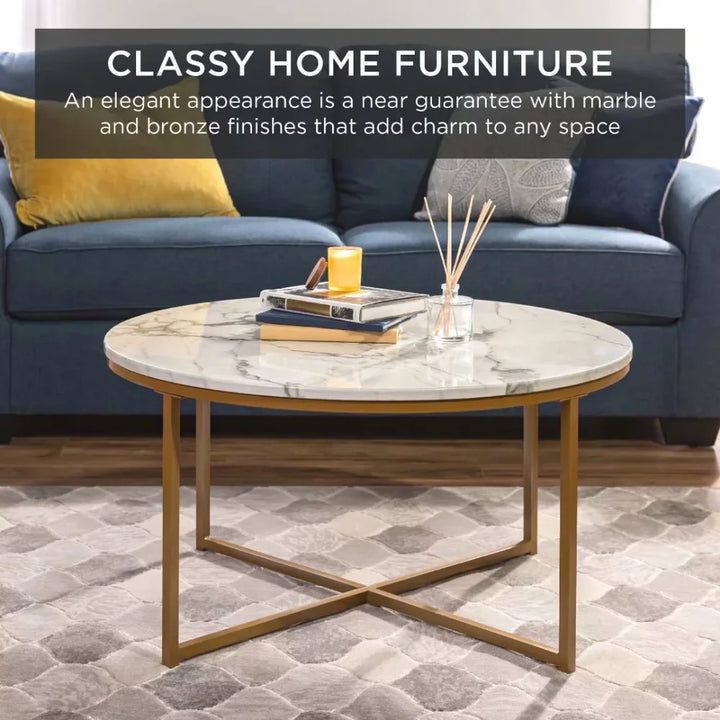 New 36in Faux Marble Modern Living Room Round Accent Side Coffee Table End Tables for Living Room