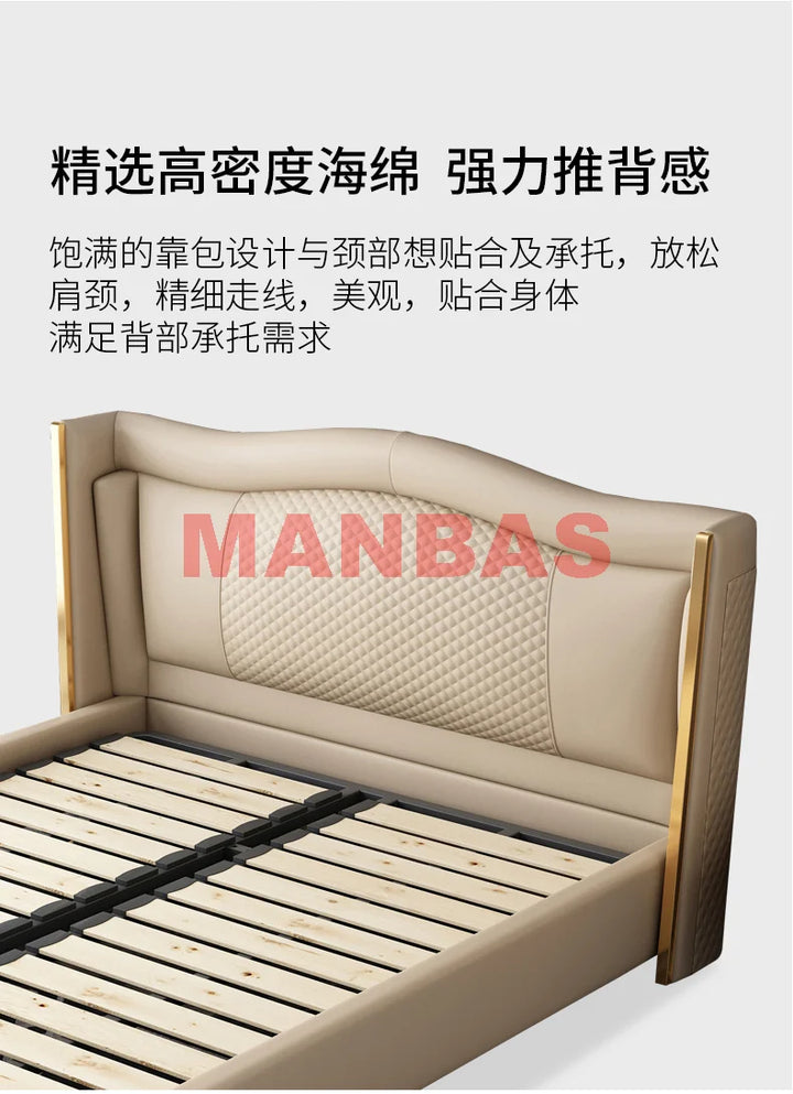 MANBAS Genuine Leather Bed Nordic Double Size Rectangle Bed Frame Nordic King/Queen Size Wedding Lits Designer Upholstered Cama