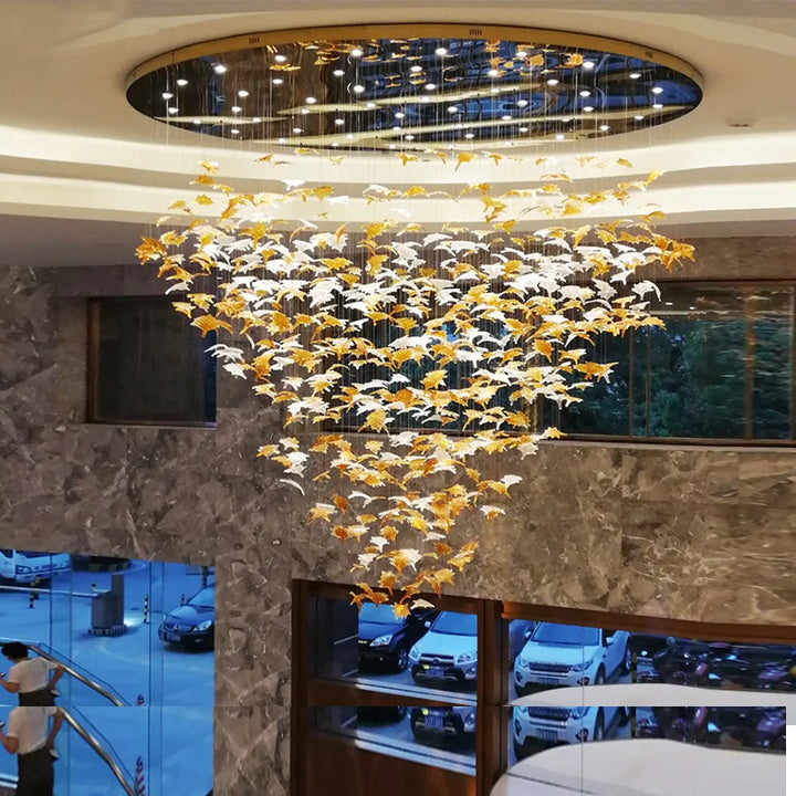 Large Luxury LED Crystal Chandeliers Hotel Hall Villa Lobby Decor Hanging Pendant Lights Fixtures Creative Art Maple Leaf Lustre