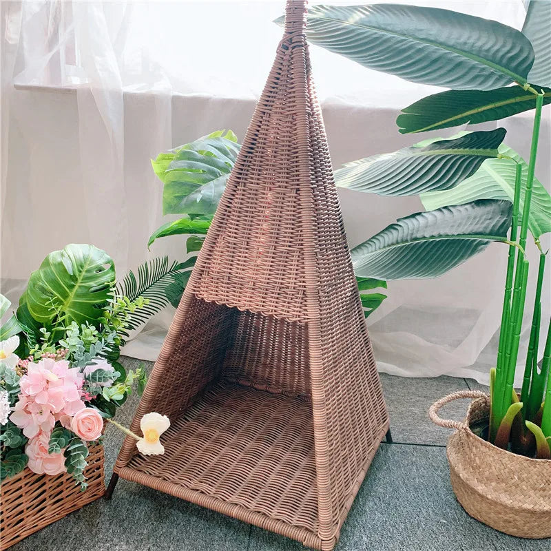 Vintage Rattan Pet Bed Plastic Pagoda Tent Cat Nest Dogs and Cats House Cylindrical Nest  Cat Scratching Post  Cat Tower