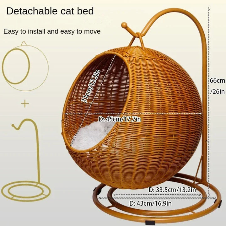 Hand-Woven Imitation Rattan Cat Bed, Comfy Cat Nest Basket, Hanging Basket Swinging Pet House, Cat Sleep Hammock with Plush Mat