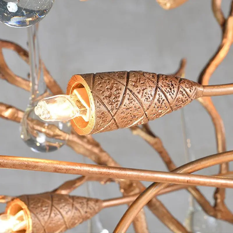 Modern Full Copper LED Branch Crystal Chandeliers Luxury Water Drops Ceiling Pendant Hanging Lighting Living Dining Room Lustre