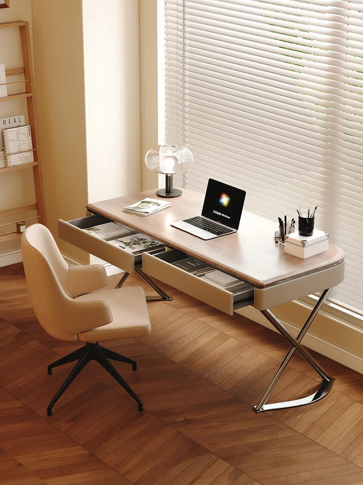 Saddle Leather Office Desk Luxury Modern Simple Bedroom Solid Wood Home Study Computer Desk Mesa Office Furniture KMOD