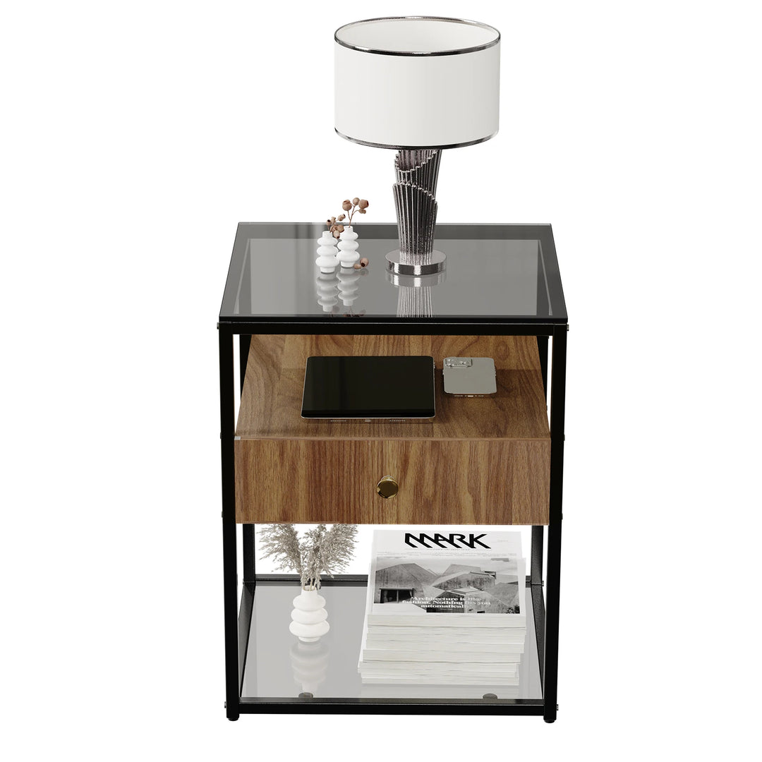 Tempered Glass Nightstand Side Table with Drawer and Shelf