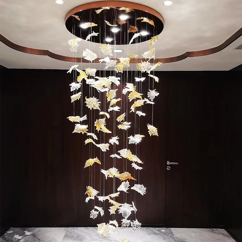 Large Luxury LED Crystal Chandeliers Hotel Hall Villa Lobby Decor Hanging Pendant Lights Fixtures Creative Art Maple Leaf Lustre