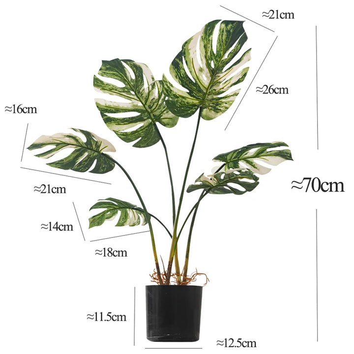 70/80cm Large Artificial Monstera Tree Tropical Fake Plants Potted Plastic Big White Palm Leaves With Pot For Home Garden Decor