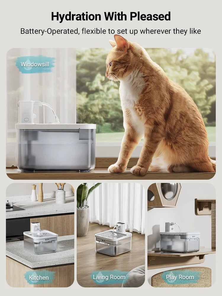 DownyPaws 2.5L Wireless Cat Water Fountain Battery Operated Automatic Pet Water Drinker with Motion Sensor Dog Water Dispenser