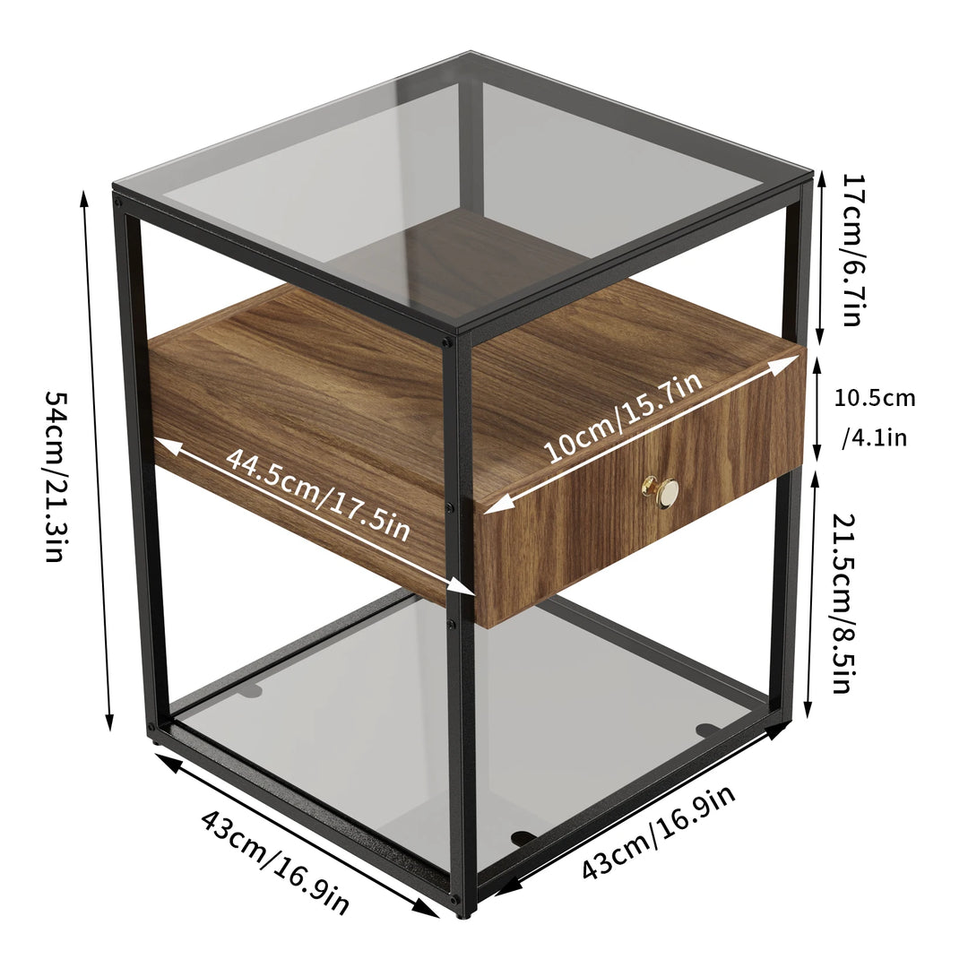 Tempered Glass Nightstand Side Table with Drawer and Shelf