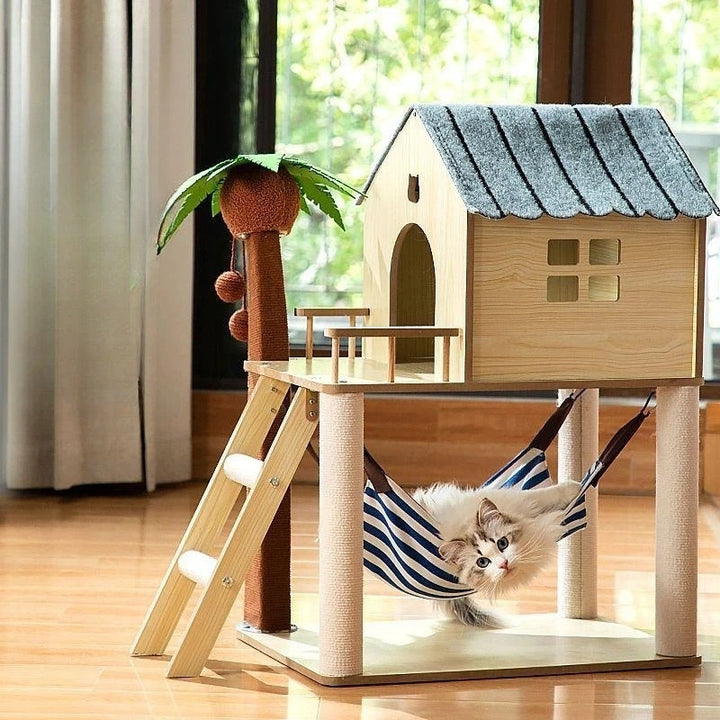 Luxury Cat House Two-Storey Villa Pet Cat Beds Hammock Coconut Tree House Wooden Pet Condos With Stairway Cat Scratching Posts