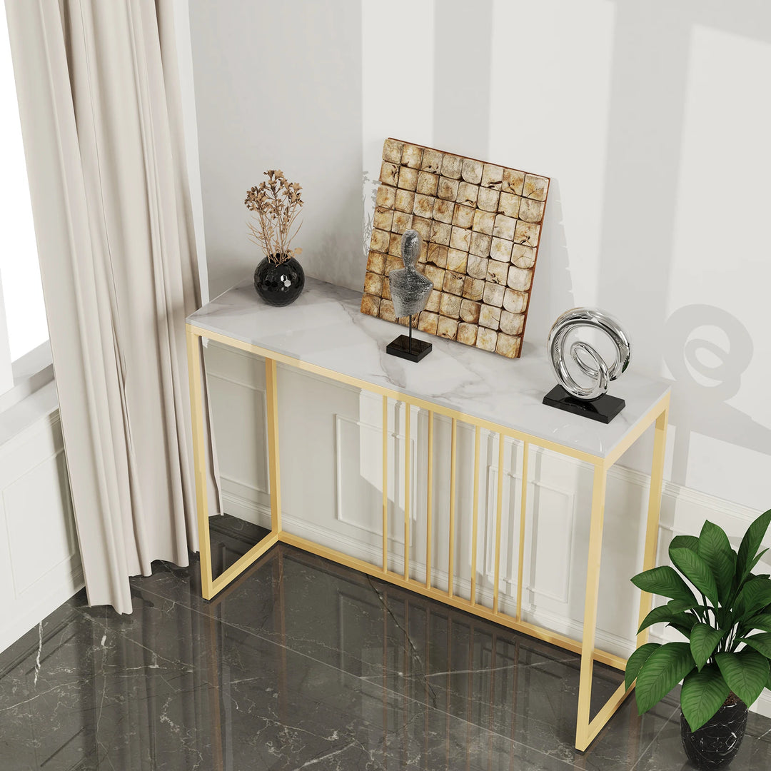 Narrow Modern Accent Console  Table with Sintered Marble Top and Gold Metal Frame