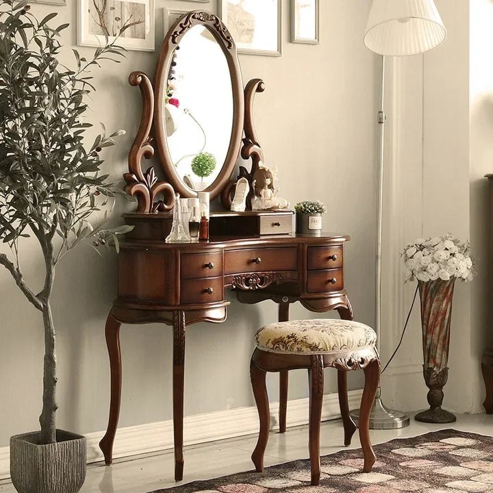 European Solid Wood Mirror Table Bedroom Dresser Amercia Princess Furniture Dark Villa Luxury Carved Makeup Table Dressing Table