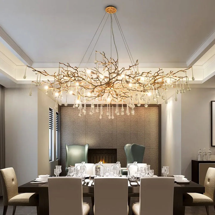 Modern Full Copper LED Branch Crystal Chandeliers Luxury Water Drops Ceiling Pendant Hanging Lighting Living Dining Room Lustre