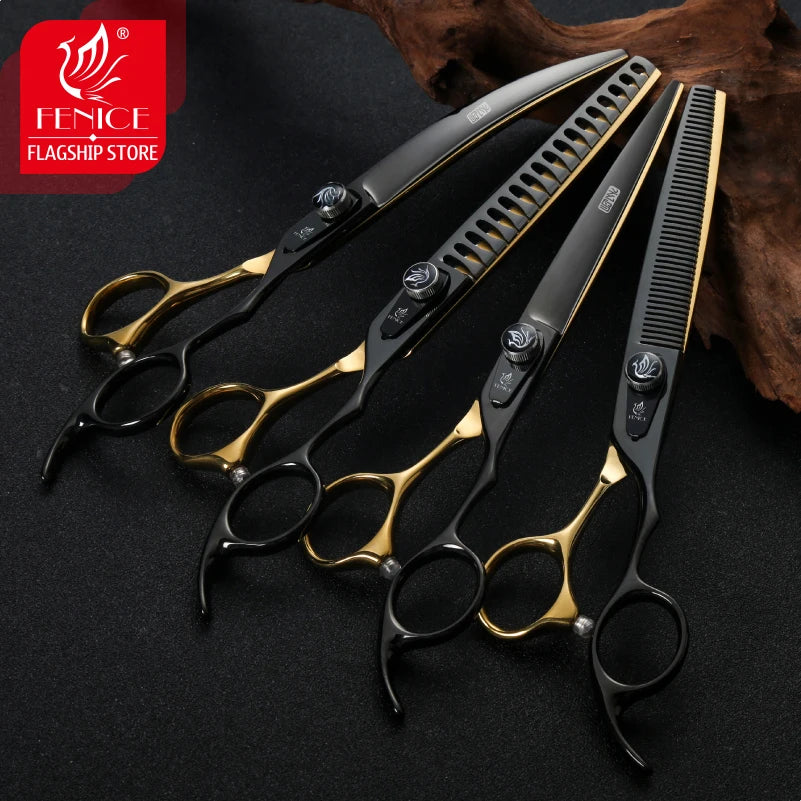 Fenice Pet Professional Dog Grooming Scissors Cutting Curved Thinning Shear Set Japan 440C Scissor Kit for Animal Beauticians