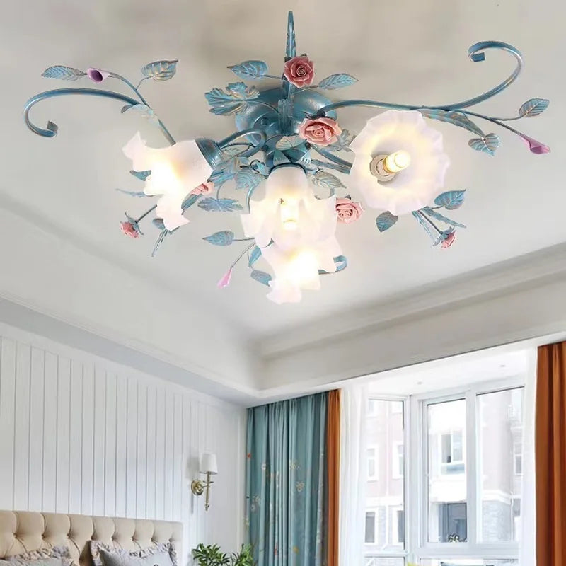 American LED Ceiling Lights Living Room Handmade Iron Rose Flower Lamp Bedroom Kitchen Lamps Korean Light Fixtures For Celling