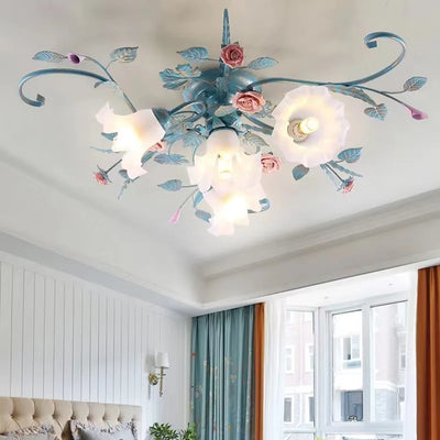 American LED Ceiling Lights Living Room Handmade Iron Rose Flower Lamp Bedroom Kitchen Lamps Korean Light Fixtures For Celling