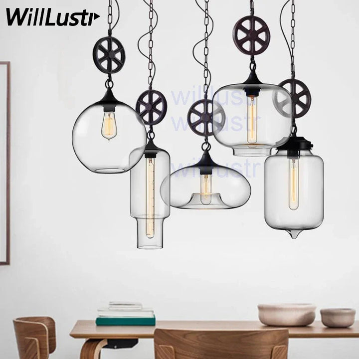 Clear Glass Pendant Lamp Transparent Wheel Suspension Light Home Dining Room Restaurant Hotel Loft Hanging Ceiling Chandelier