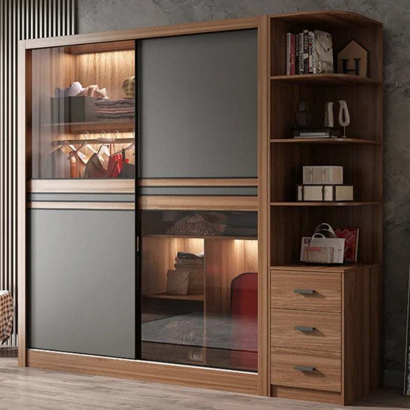 Simple Modern Organizer Wardrobe Clothes Wooden Bedroom Nordic Wardrobe Glass Sliding Door Hanger Rail Ropero Household Items