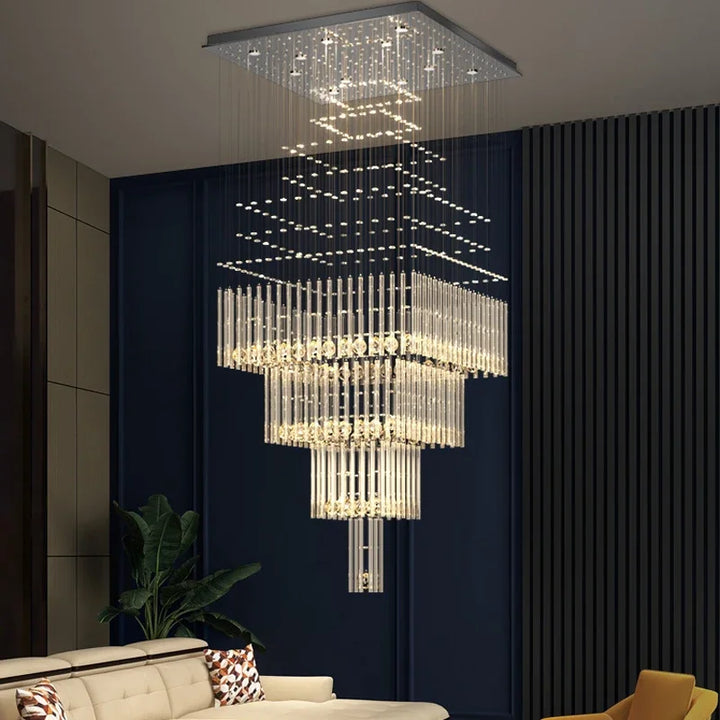 Modern Columnar Crystal Ceiling Chandelier Square Base Hanging Lamp for Living Room Light Fixture Staircase Loft Pendant Lustre