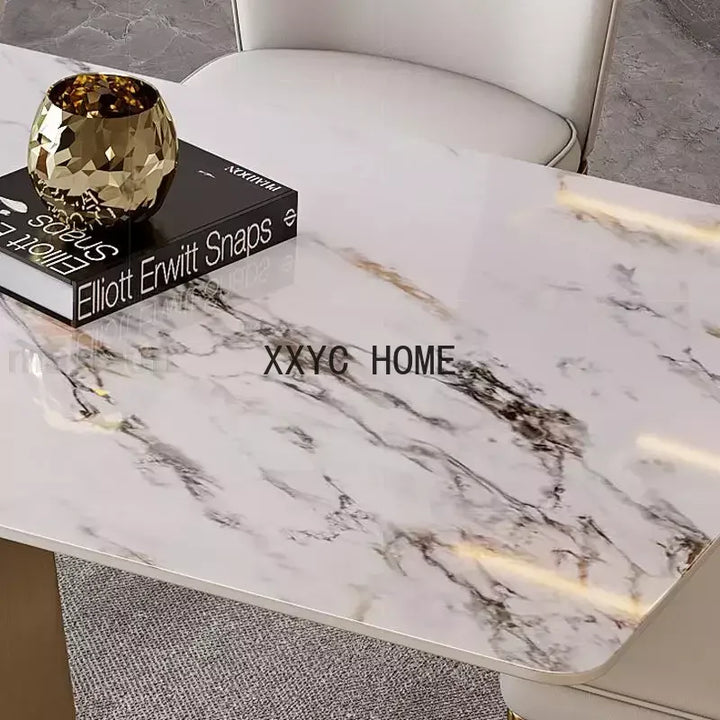 Golden Luxurious Dining Room Sets Steel Base Plate Kitchen Glossy Rock Board Rectangle Table Top Comedor Kitchen Furniture