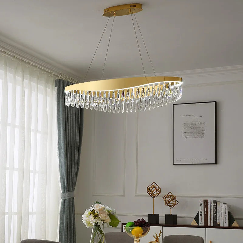 LED Modern Water Drop Crystal Stainless Steel Chandelier Lustre Golden Round Pendant Light Home Decor Hanging Lamps For Ceiling