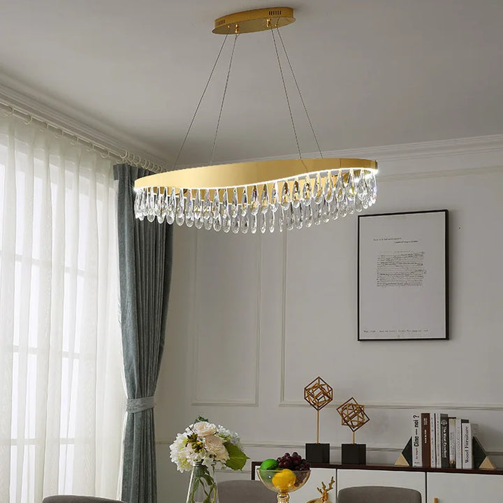 LED Modern Water Drop Crystal Stainless Steel Chandelier Lustre Golden Round Pendant Light Home Decor Hanging Lamps For Ceiling