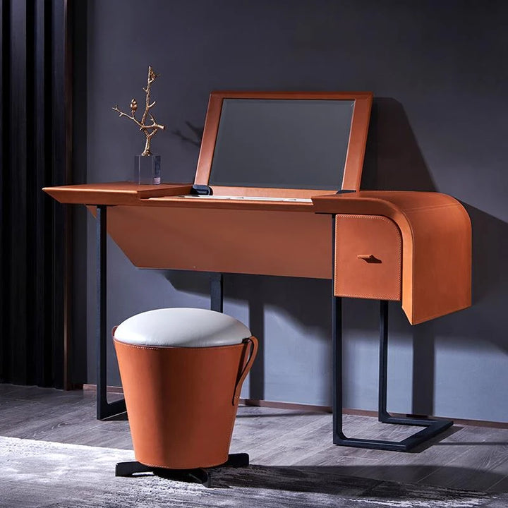 Italian Creative Dressing Table Orange Saddle Leather Flip Vanity Table With Storage Box Nordic Muebles Bedroom Furniture FGM