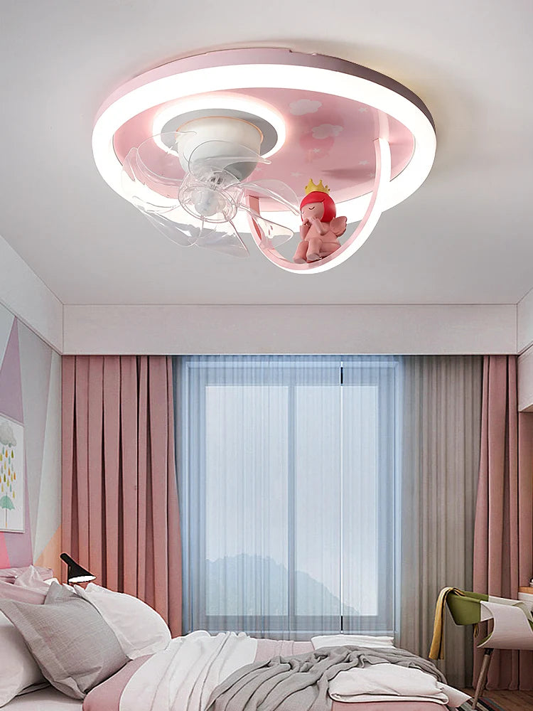 2023Princess Children Style LED Ceiling Lamp for Bedroom Dining Room Pink Blue Fan Light Dimmable Remote Control Lamp Decoration