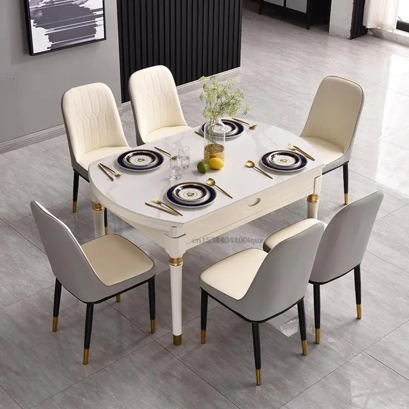 Loft Restaurant Rock Slab Retractable Dining Table And Chair Combination Multifunctional Kitchen Folding Solid Wood Round Table